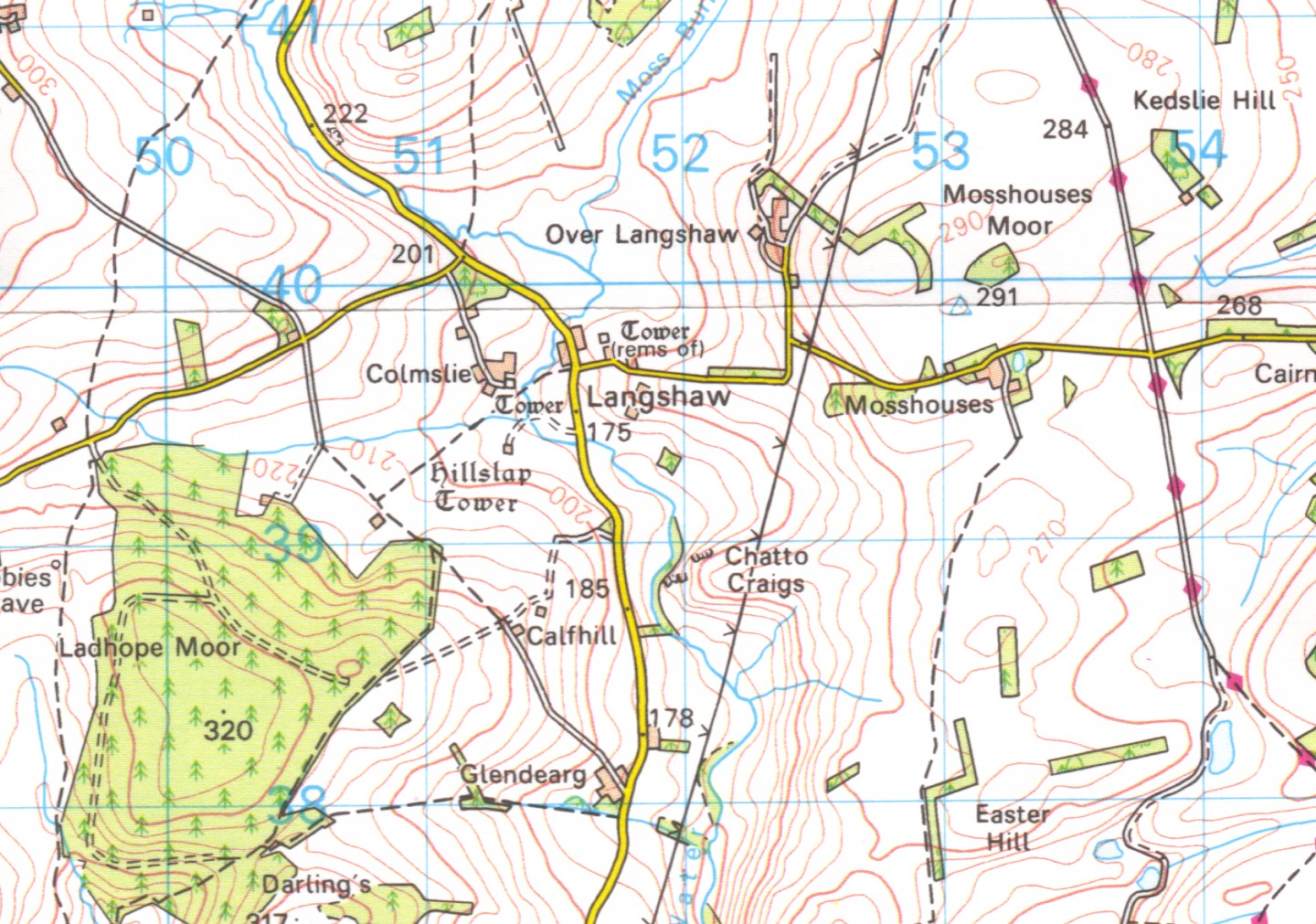 Map of Colmslie, Glendearg, Langshaw and Hilslap Tower.